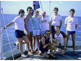 Bathymetric Survey, 9 April-12 May 1987 : Natmap team (L-R standing) Peter Kaczerepa, Maris Legzde, Vicki Charman, Bill Jeffery, Geoff Starkey, Steve Yates, (front) Peter Walkley and Charlie Watson.