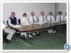 1986 at Cameron Offices, Belconnen : (L-R) Peter O'Donnell, Jim Malone, Ruth Dodd, Alan Thomson, Con Veenstra, Rom Vassil, John Payne, Don Gray.
