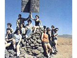 Circa 1960s : Photo of old Nat Map built 1958 cairn on Ayres Rock which was replaced in 1970 by the stone pedestal which is still there today. With this sort of tourist abuse it is no wonder that the cairn was replaced!