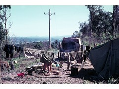 1969 TG307 Geodetic survey camp on washing day above Mossman, Eddie Ainscow's face.