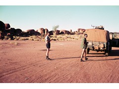 1970 TG250 Ground marking sub-party, Bob Goldsworthy and Dave Abreu at Devils Marbles, NT.