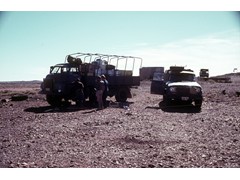 1971 TG077 Aerodist operations, NT vehicle convoy at The Granites with Simon Cowling and Laurie McLean standing.