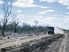 1969 : A Fordward Control Landrover approaches through the bulldust on the Lawn Hill road.