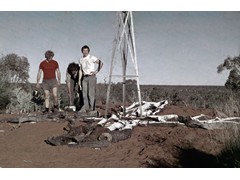 1974 : Along the Voakes Hill to Neale Junction geodetic traverse; marking trig for spot photography; (L-R) Mike Morgan, Ted Graham and Bill Stuchbery.