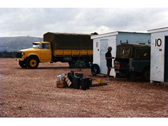 1975 : Around Surveyors General Corner, Giles and Uluru; Mike Morgan at Giles with vehicles.